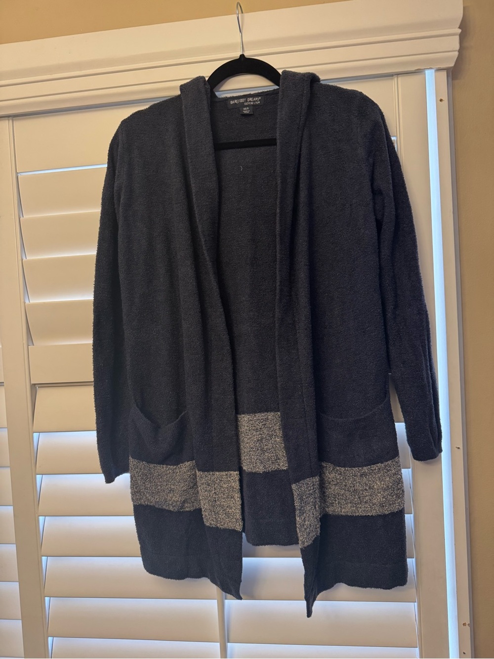 Barefoot Dreams Charcoal Hooded Open-Front Cardigan with Light Gray Stripes